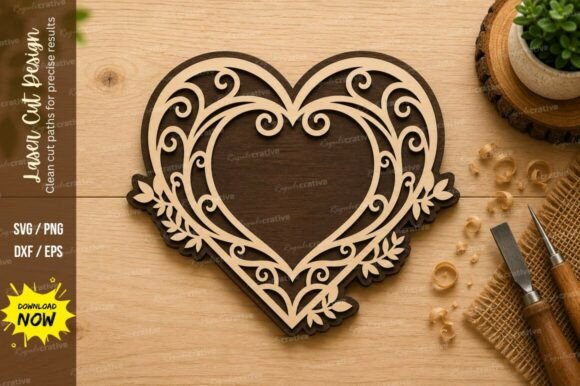 Elegant Heart Floral Frame Laser Cut SVG