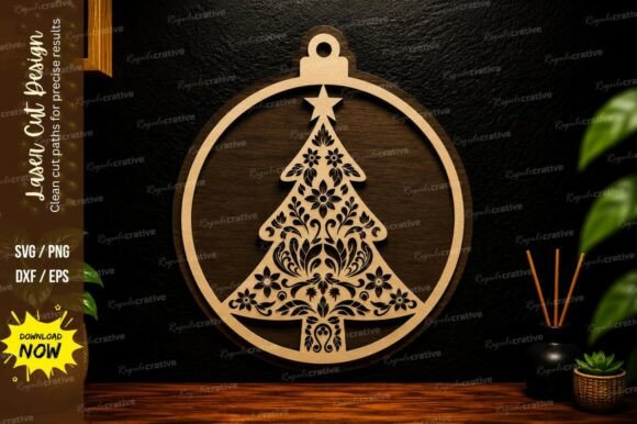 Floral Christmas Tree Ornament Laser Cut Design