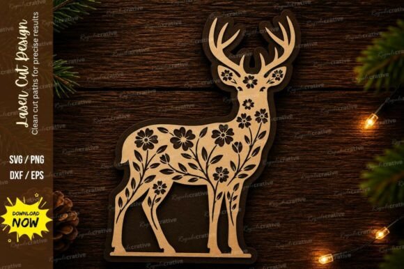 Floral Deer Standing Laser Cut Svg: Elegant Design for Crafters